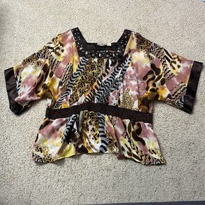 Erica Brooke Collection Top Super Plus Size 22 Brown Multicolor Elastic Waist